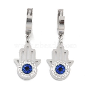 Hamsa Hand with Evil Eye 304 Stainless Steel Dangle Earrings, Glass and Rhinestone Hoop Earrings for Women, Stainless Steel Color, 36.5x14mm(EJEW-L283-069P)