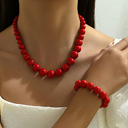 Glass Imitation Red Agate Beads Necklace & Bracelet Set for Women, Elegant and Simple, Red(GJ1404)
