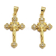 Brass Micro Pave Clear Cubic Zirconia Pendants, Long-Lasting Plated, Cross, Real 18K Gold Plated, 33x19x4.5mm, Hole: 3.5x5.5mm(ZIRC-J025-50G)