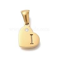 304 Stainless Steel Heart Pendants with Rhinestone, Golden, Letter I, 11x13x2.5mm, Hole: 5x3mm(STAS-Z103-01G-09)