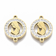 201 Stainless Steel Links connectors, with Polymer Clay Crystal Rhinestone, Flat Round with Woman, Golden, 20x15x2.5mm, Hole: 1.6mm(STAS-N091-08G)