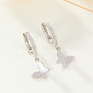 Rhodium Plated 925 Sterling Silver Rhinestone Dangle Hoop Earrings, with Butterfly Charm, Platinum, 20mm(SN0705-1)