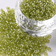 Glass Seed Beads, Trans. Colours Lustered, Round, Yellow Green, 3mm, Hole: 1mm, about 10000pcs/pound(SEED-A006-3mm-104)
