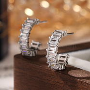 Platinum Rhodium Plated Sterling Silver Micro Pave Cubic Zirconia Ring Stud Earrings, Half Hoop Earrings, Clear, 13x4mm(YT1538-2)
