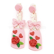Vase with Flower Polymer Clay Dangle Stud Earrings, 304 Stainless Steel Earrings, Pink, 74x20mm(EJEW-Q784-02G-02)
