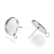 304 Stainless Steel Stud Earring Settings, with Loop, Flat Round, Stainless Steel Color, Tray: 12mm, 17x14mm, Hole: 2mm, pin: 0.8mm(MAK-R012-03)