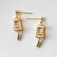 Enamel Lantern Dangle Stud Earrings, Brass Jewelry for Women, Golden, 27x7mm(BAPE-PW0002-06C)