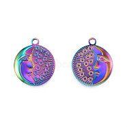 Ion Plating(IP) 201 Stainless Steel Pendants, Flat Round with Moon & Human Face, Rainbow Color, 24x20x2.5mm, Hole: 2mm(STAS-N098-234M)
