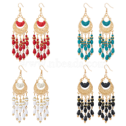 4 Pairs 4 Colors Glass Seed Beaded Tassel Chandelier Earrings, Golden Alloy Horn Long Drop Earrings, Mixed Color, 109x27.5mm, 1 Pair/color(EJEW-FI0002-40)