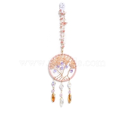 Natural Rose Quartz Chips Flat Round with Tree of Life Pendant Decorations, with Glass Horse Eye/Heart/Flower Bead, for Home, Car Interior Ornaments, 350mm(TREE-PW0003-16)