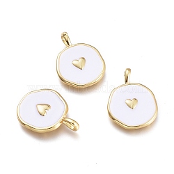 Brass Enamel Pendants, Flat Round with Heart, Golden, White, 20x13.5x2.5mm, Hole: 3.5x2mm(KK-K248-04G)