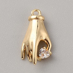 Brass with Clear Cubic Zirconia Charms, Gesture Charms, Real 14K Gold Plated, 9x17x4mm, Hole: 1.4mm(KK-WH0079-58D)