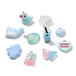 Resin Pendants, with Platinum Plated Iron Loops, Cloud & Heart & Duck, Mixed Shapes, Light Blue, 14.5~23.5x10~24.5x4~19mm, Hole: 1.8~2mm, about 10pcs/bag(RESI-P027-01M)