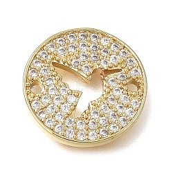 Brass Micro Pave Clear Cubic Zirconia Connector Charms, Flat Round with Dove Link, Rack Plating, Long-Lasting Plated, Cadmium Free & Lead Free, Golden, 14x2mm, Hole: 1.2mm(CU-CBAA556-04B)