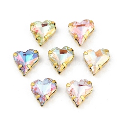 Brass Glass Rhinestone Sew on Rhinestones, Heart, Faceted, Mixed Color, Golden, 12.5x12.5x6mm, Hole: 0.8mm(RGLA-U001-05G-02)