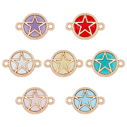 HOBBIESAY 28pcs 7 colors Glass Connector Charms, with Light Gold Plated Alloy Findings, Flat Round with Star, Mixed Color, 13.5x19.5x5.5mm, Hole: 1.6mm, 4pcs/color(GLAA-HY0001-04)