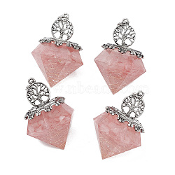 Natural Rose Quartz Pendants, Faceted Diamond Charms, with Rack Plating Antique Silver Tone Alloy Tree of Life, Cadmium Free & Lead Free, 41.5x29.5x29.5mm, Hole: 4mm(G-P491-01AS-01)