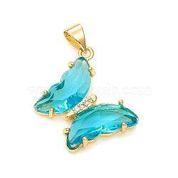 Glass Pendants, with Brass Clear Micro Pave Cubic Zirconia, Butterfly, Golden, Deep Sky Blue, 24x21x4mm, Hole: 5.5x3.5mm(GLAA-G075-01G-07)