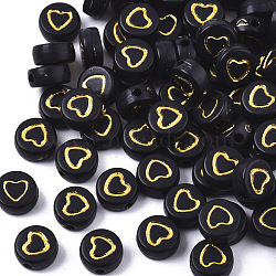 Opaque Acrylic Beads, Flat Round with Heart, Golden Plated, Black, 7x3~4mm, Hole: 1.5mm(X-PACR-N006-004)