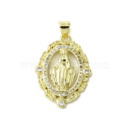 Real 18K Gold Plated Brass Micro Pave Cubic Zirconia Pendants, Oval with Virgin Mary Pattern Charms, Clear, 27x20x3.5mm, Hole: 3x4mm(KK-H472-37A-01G)