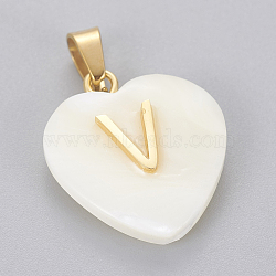 Shell Pendants, with 304 Stainless Steel Findings, Heart with Letter, Golden, Letter.V, 23.5x20x7mm, Hole: 3.5x7mm(STAS-F210-17G-V)