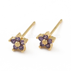 Cubic Zirconia Flower Stud Earrings, Real 18K Gold Plated Brass Jewelry for Women, Cadmium Free & Lead Free, Medium Purple, 15x5x5mm, Pin: 0.7mm(EJEW-C035-15G-03)