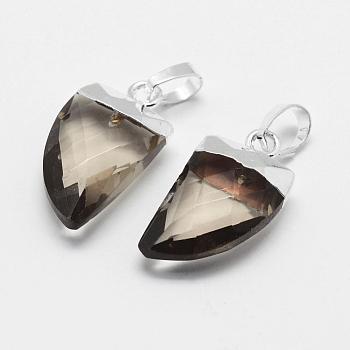 Dyed Natural Smoky Quartz Pendants, with Brass Findings, Long-Lasting Plated, Faceted, Cultellate, Silver Color Plated, 19x10.5x5mm, Hole: 4x6mm