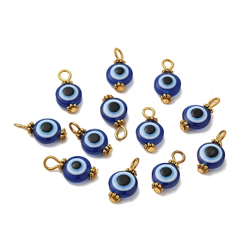 Iron Resin Beads Pendant, with Tibetan Style Alloy Daisy Spacer Beads, Flat Round with Evil Eye, Dark Blue, 17x10x6mm, Hole: 3~3.5mm