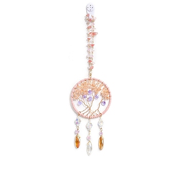 Natural Rose Quartz Chips Flat Round with Tree of Life Pendant Decorations, with Glass Horse Eye/Heart/Flower Bead, for Home, Car Interior Ornaments, 350mm