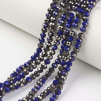 Electroplate Opaque Glass Beads Strands, Half Black Plated, Faceted, Rondelle, Prussian Blue, 2x1.5mm, Hole: 0.4mm, about 195pcs/strand, 11 inch(28cm)