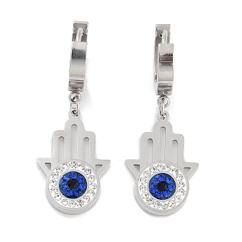 Hamsa Hand with Evil Eye 304 Stainless Steel Dangle Earrings, Glass and Rhinestone Hoop Earrings for Women, Stainless Steel Color, 36.5x14mm