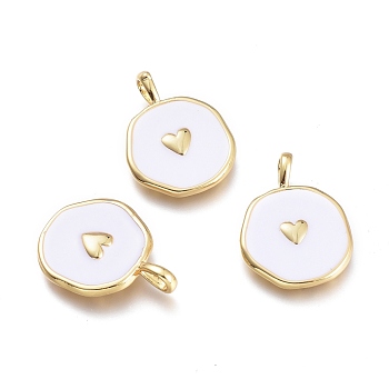 Brass Enamel Pendants, Flat Round with Heart, Golden, White, 20x13.5x2.5mm, Hole: 3.5x2mm