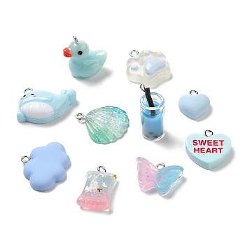 Resin Pendants, with Platinum Plated Iron Loops, Cloud & Heart & Duck, Mixed Shapes, Light Blue, 14.5~23.5x10~24.5x4~19mm, Hole: 1.8~2mm, about 10pcs/bag