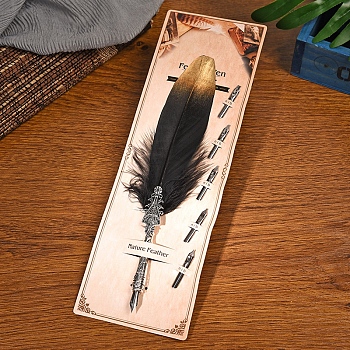 Feather Quill Pen, Vintage Feather Dip Ink Pen, Zinc Alloy Pen Stem Writing Quill Pen Calligraphy Pen As Christmas Birthday Gift, Black, 25~30cm