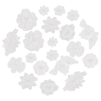 AHADEMAKER 20Pcs 10 Style Sew on Computerized Embroidery Polyester Clothing Patches, Lace Appliques, Flower, White, 36~135x35~130x5.8~11mm, 2pcs/style