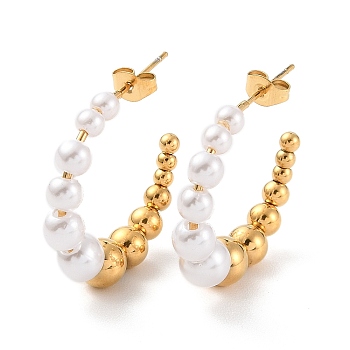 Ion Plating(IP) 304 Stainless Steel Round Stud Earrings, Plastic Beaded Half Hoop Earrings for Women, Golden, 29~29.5x7mm