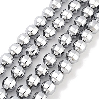 Electroplate Non-magnetic Synthetic Hematite Bead Strands, Faceted, Round, Silver Plated, 10x10mm, Hole: 1mm, about 40pcs/strand, 15.7 inch
