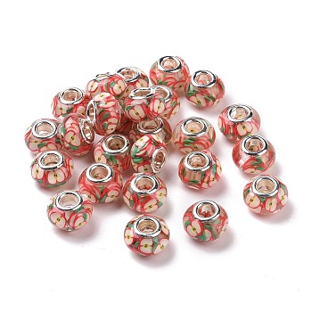 Transparent Resin European Rondelle Beads, Large Hole Beads, with Apple Polymer Clay and Platinum Tone Alloy Double Cores, Tomato, 14x8.5mm, Hole: 5mm