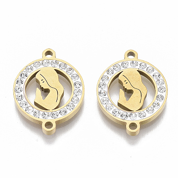201 Stainless Steel Links connectors, with Polymer Clay Crystal Rhinestone, Flat Round with Woman, Golden, 20x15x2.5mm, Hole: 1.6mm