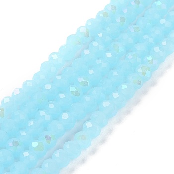 Electroplate Glass Beads Strands, Imitation Jade Beads, Half Plated, Rainbow Plated, Faceted, Rondelle, Light Sky Blue, 8x6mm, Hole: 1mm, about 63~65pcs/strand, 39~40cm