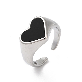 Shell Heart Open Cuff Ring for Women, 304 Stainless Steel Finger Ring, Stainless Steel Color, Black, 11mm, Inner Diameter: Adjustable