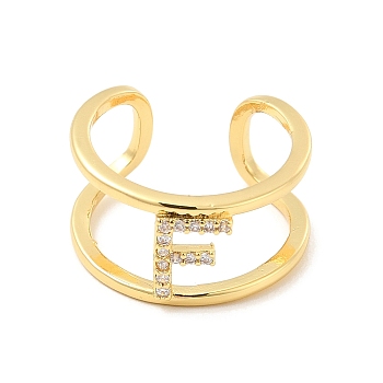 Clear Cubic Zirconia Initial Letter Open Cuff Ring, Real 18K Gold Plated Brass Double Line Ring for Women, Lead Free & Cadmium Free, Letter.F, US Size 6(16.5mm)