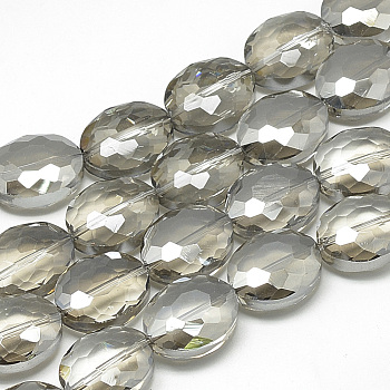 Electroplate Glass Beads Strands, Rainbow Plated, Faceted, Oval, Light Grey, 20x16x9mm, Hole: 1.5mm, about 35pcs/27.7 inch