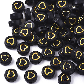Opaque Acrylic Beads, Flat Round with Heart, Golden Plated, Black, 7x3~4mm, Hole: 1.5mm