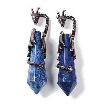 Dyed Natural Lapis Lazuli Faceted Pointed Bullet Big Pendants, Rack Plating Brass Dragon Charms, Lead Free & Cadmium Free, Red Copper, 73.5~78.5x15.5~16.5x15.5~16.5mm, Hole: 4x2.5mm