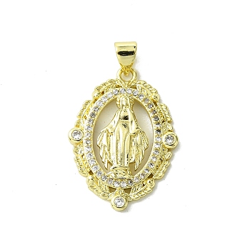 Real 18K Gold Plated Brass Micro Pave Cubic Zirconia Pendants, Oval with Virgin Mary Pattern Charms, Clear, 27x20x3.5mm, Hole: 3x4mm