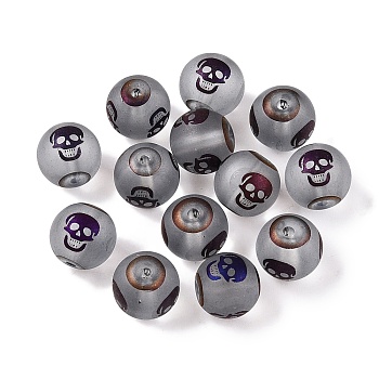 Electroplate Glass Beads, Frosted, Round with Skull Pattern, Indigo, 10mm, Hole: 1.5mm, about 200pcs/bag