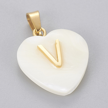 Shell Pendants, with 304 Stainless Steel Findings, Heart with Letter, Golden, Letter.V, 23.5x20x7mm, Hole: 3.5x7mm