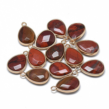 Natural Red Rainbow Jasper Pendants, with Golden Tone Brass Findings, Faceted, teardrop, 23x14~15x6~7mm, Hole: 2mm