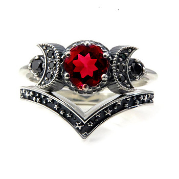 Gothic Purple Crystal Ring with Triple Moon Goddess - Black Diamond Jewelry for Women, Red, No. 8